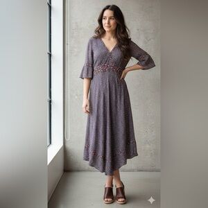 Vtg J.Jill A Line Dress‎ 8 Brown Floral Print Midi Bell Sleeve Cottagecore Fairy